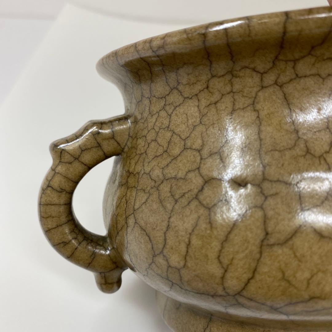 中国古窯　哥窯双耳香炉　高さ10.2㎝　トヒチル　東さ7-0728①