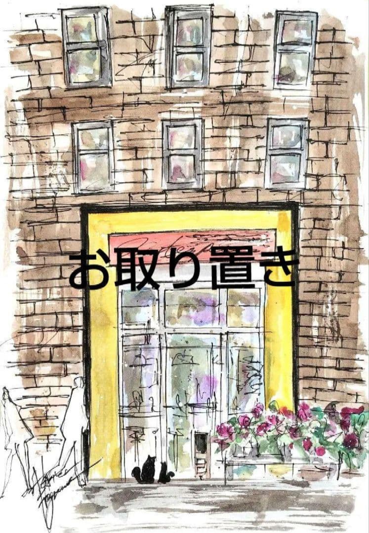 原画#3175 黒猫　雨　パリ　フランス　水彩画　ドローイング　インテリア　絵画