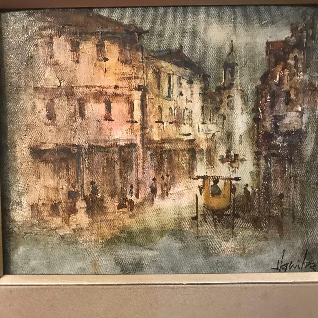 【美術品】サイン入り油絵 ヨーロッパ風景 42×47cm 額縁付き