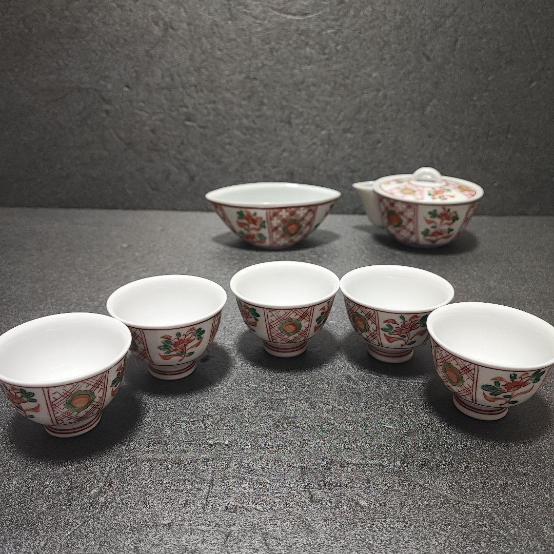 煎茶道具　有田　宝瓶　玉露　小茶器7点セット　グリーン玉赤絵　金彩　仙月